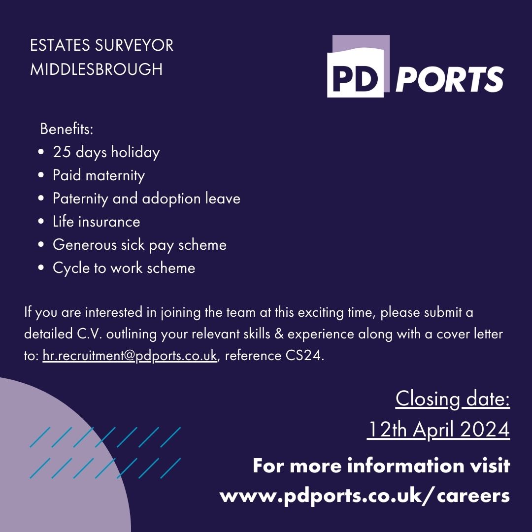 We are looking for an Estates Surveyor to join our property team based in Middlesborough. Please submit a detailed C.V. along with a cover letter to hr.recruitment@pdports.co.uk For more information visit: pdports.co.uk/careers/estate… #NowHiring #JobVacancy #Teesside #Teesvalley