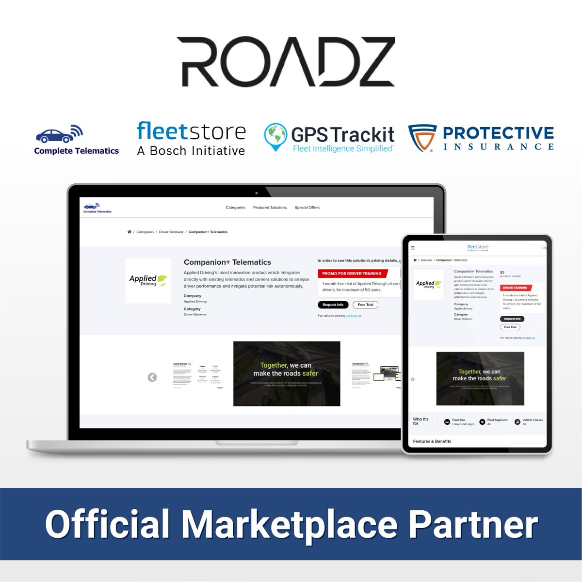 Did you know we're an official Roadz Marketplace Partner, featured on top fleet provider platforms like Complete Telematics, Fleetstore & GPS Trackit?🚗 

Connect with us for a cutting-edge solution to improve driver safety & reduce fleet costs: buff.ly/3NDMEbs 🙌