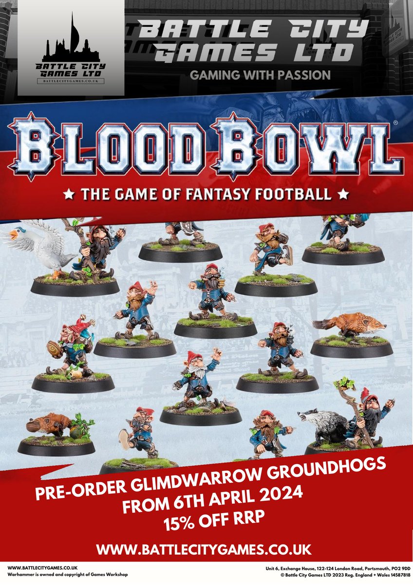 🎉 Get ready to experience the ultimate rush of Bloodbowl fever! 🏈Mark your calendars for April 6th, because that's when the pre-order gates swing wide open for the electrifying Bloodbowl Glimdwarrow Groundhogs!#Bloodbowl #GlimdwarrowGroundhogs #PreOrderMadness #BattleCityGames