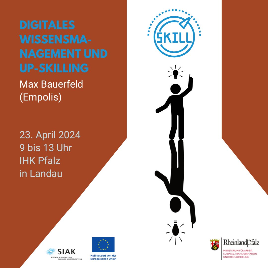 SIAK (@scal_kl) on Twitter photo 💻Sei dabei, wenn Max Bauerfeld, Sales Manager bei der Empolis GmbH, einen Vortrag über Digitales #Wissensmanagement und #Up-Skilling hält am 23.04.2024 von 9 bis 13 Uhr in der IHK Pfalz #Landau. ✅ Eintritt frei, inkl. Mittagessen; jetzt anmelden unter info@siak-kl.com! 💻Sei dabei, wenn Max Bauerfeld, Sales Manager bei der Empolis GmbH, einen Vortrag über Digitales #Wissensmanagement und #Up-Skilling hält am 23.04.2024 von 9 bis 13 Uhr in der IHK Pfalz #Landau. ✅ Eintritt frei, inkl. Mittagessen; jetzt anmelden unter info@siak-kl.com!