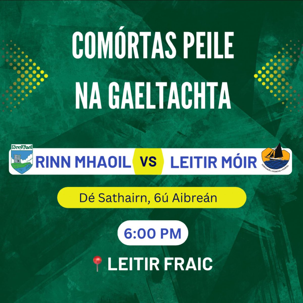 This Saturday evening, our adult team take on Naomh Anna, Leitir Móir in the quarter final of the 2024 Comórtas Peile na Gaeltachta. It’s on at 6pm in Letterfrack and it would be great to see everyone out supporting the lads 💚💛
