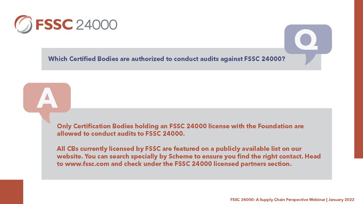 An essential question for any organization seeking #FSSC24000 certification is who to contact! #FSSC has a publically available list of licensed CBs per Scheme. You can find this list on our website here: fssc.com/trust/certific… #SSCI #socialresponsibility #ISO #compliance