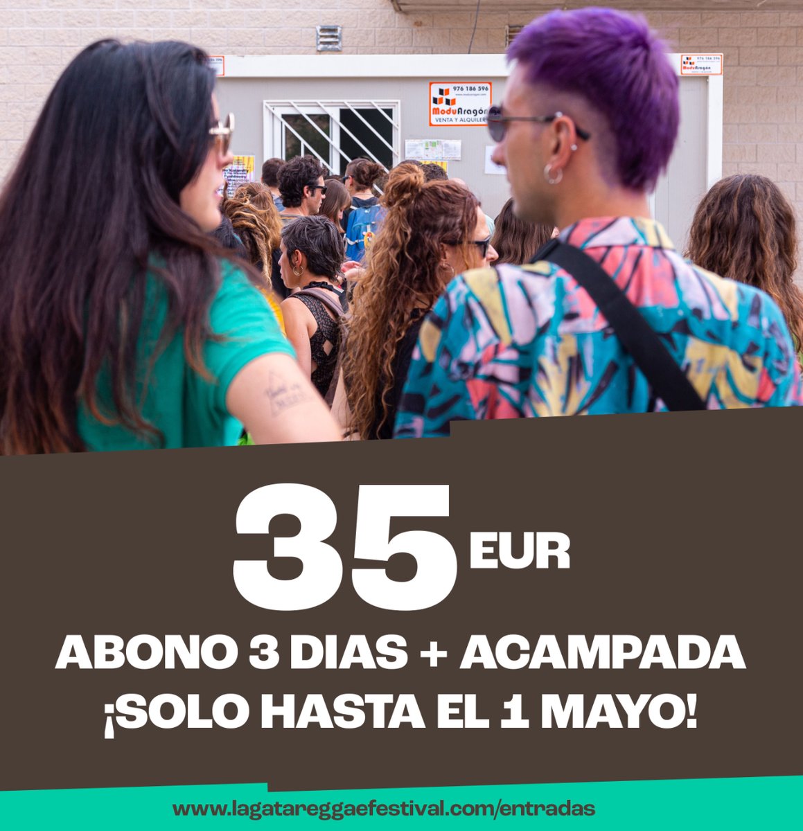 ¡Agotadas las entradas a 30 euros!
Solo podemos deciros gracias por el apoyo que estáis dando a Lagata Reggae Azuara, ¡cuánto vamos a disfrutar!
Siguiente promoción de entradas: abono completo por 35 euros hasta el 01 de mayo. ¡Aprovecha la ocasión!
+info lagatareggaefestival.com