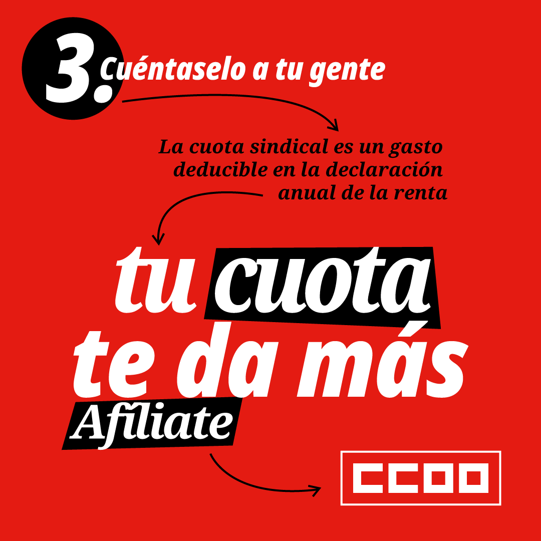 ‼️🔔Hoy empieza la declaración de la renta ‼️🔔

¿Sabías que puedes añadir las cuotas sindicales?

¡Te explicamos cómo hacerlo! 😉

Si eres afiliado/a de nuestra organización debes saber que si marcas la casilla 14 en tu declaración, tienes derecho a una deducción. Para que lo