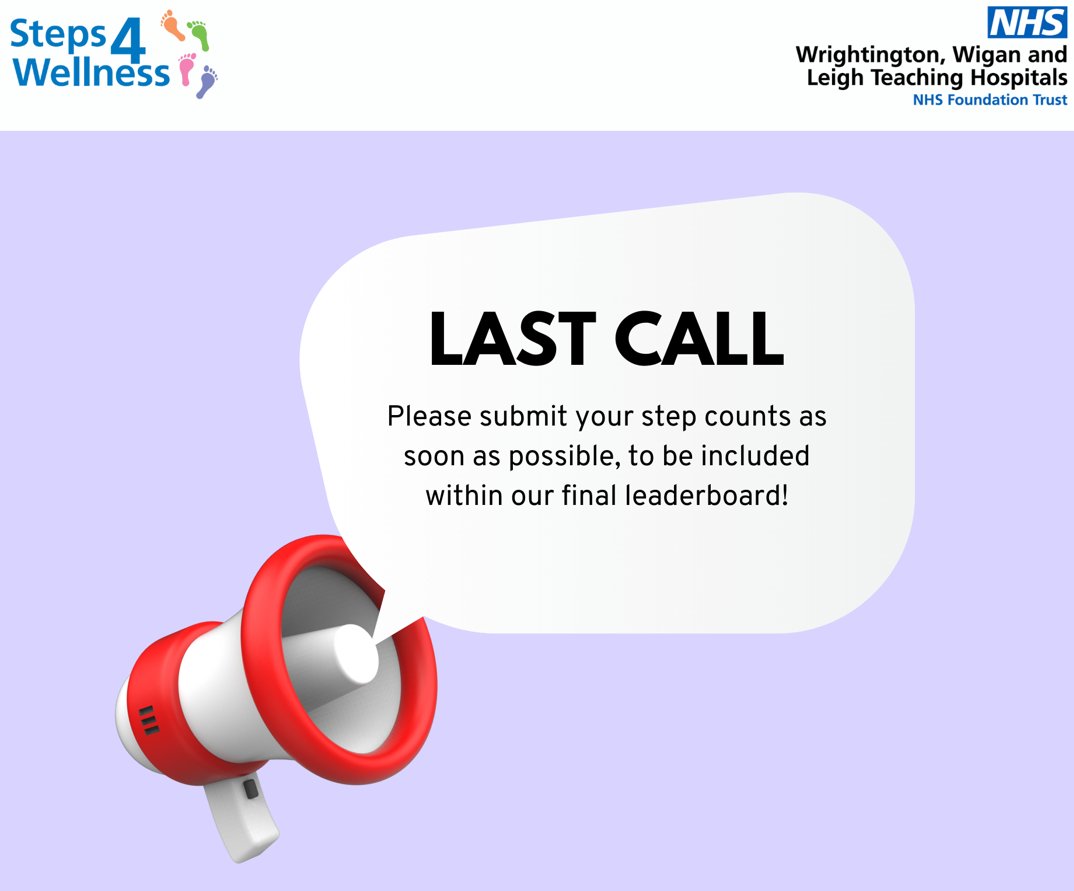Steps4Wellness's tweet photo. ๐ฃFinal Call @WWLNHS for your teams final/week 4 WWL Step Challenge submission so it can be included in the final leaderboard #wwlstepchallenge https://t.co/l33L5fd86N