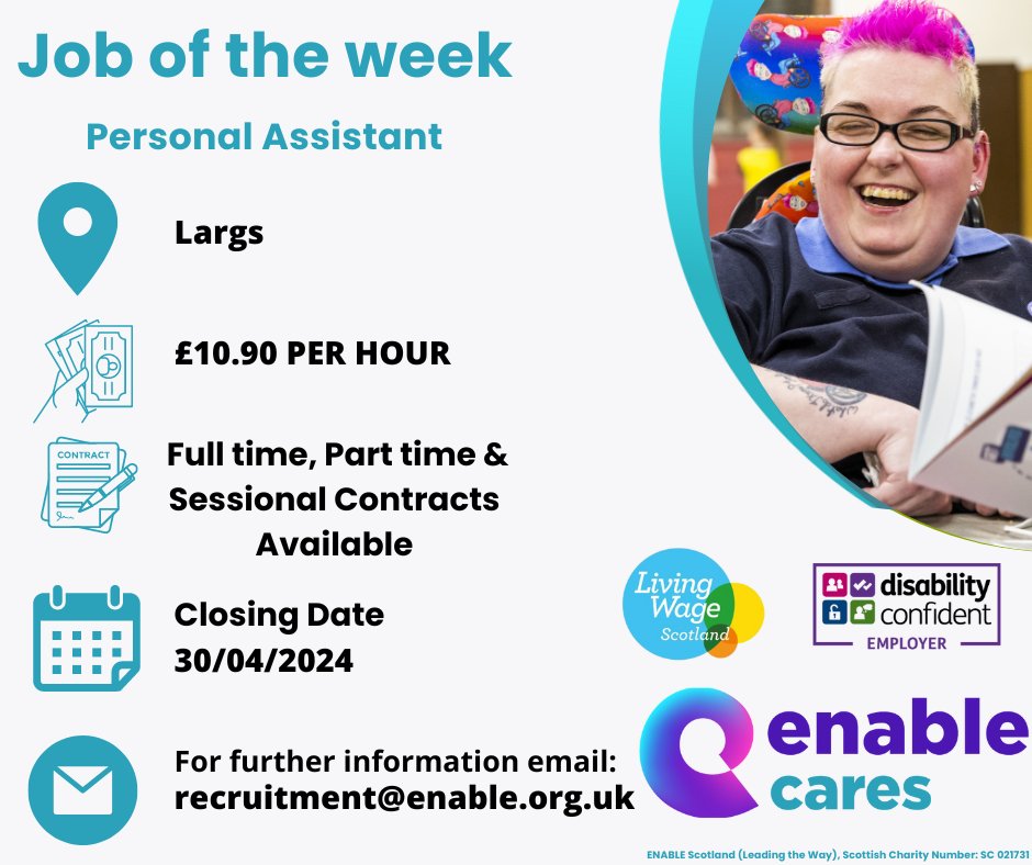 📢JOB OF THE WEEK📢 Personal Assistant, Largs As more people turn to Enable for vital support, we are looking to recruit Personal Assistants across Scotland to join us in supporting them to live the lives they choose. Click the link to Apply Now! enable.org.uk/jobs/vacancies…