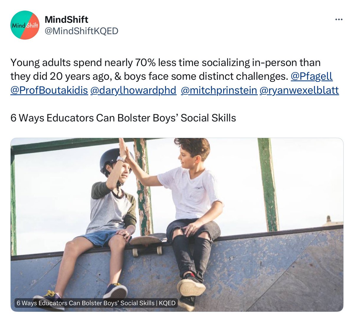 In my new article for @mindshiftkqed, I write about boys’ distinct social needs & share 6 ways that educators can help them strengthen their relationships. It was a pleasure to work with wonderful editor @KaraNewhouse & MANY great sources. Link to read: kqed.org/mindshift/6345…