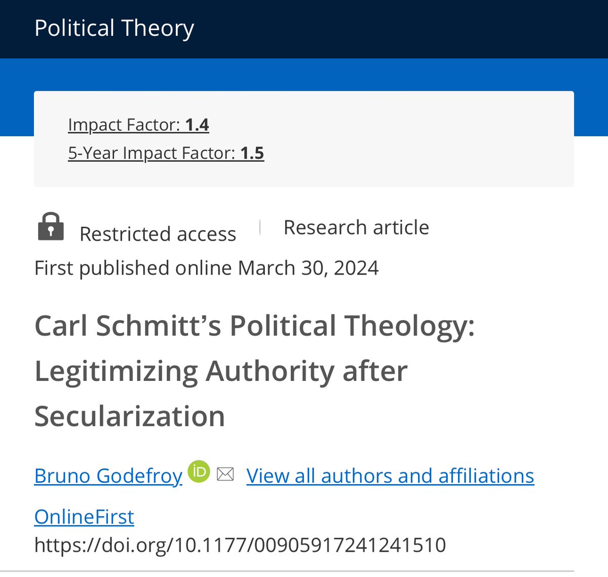A new Political Theory journal article on Carl Schmitt: journals.sagepub.com/doi/10.1177/00…