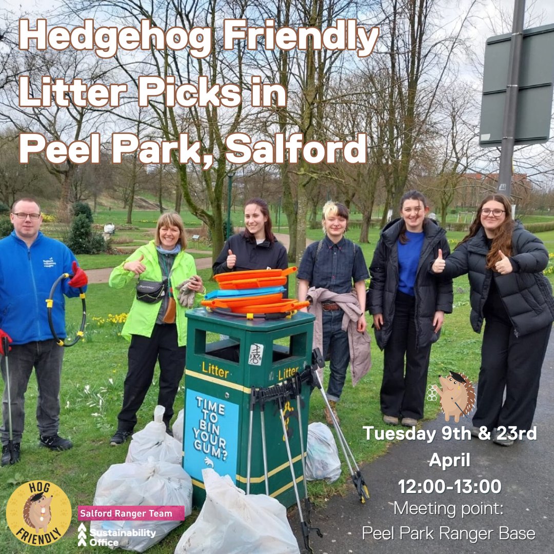 Join us for some more Hedgehog Friendly Litter Picks in Peel Park!💚 🗓️April 9th & 23rd, 12:00-13:00pm. 📍Meeting point: Peel Park Ranger Base ✍️Sign up here: bit.ly/HogPick