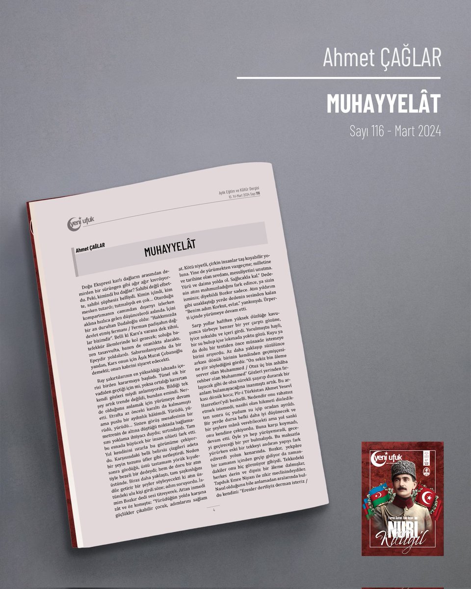 116. sayımızda Ahmet Çağlar'ın kaleminden "Muhayyelat" başlıklı yazı sizlerle...
Yazının tamamını okumak için aşağıdaki bağlantıya tıklayabilirsiniz.

bit.ly/3PNQLCZ

#yeniufukdergisi #yeniufuk #yeniufuklaradoğru #dergi