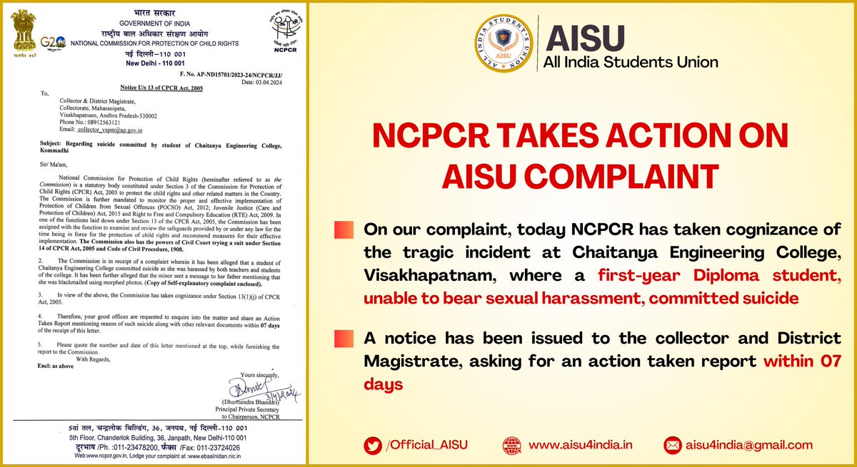 On our complaint, NCPCR acted on the tragic incident at Chaitanya Engineering College, Visakhapatnam. A first-year student, unable to bear sexual harassment, committed suicide. A notice has been issued to the collector and DM seeking an action report within 07 days.