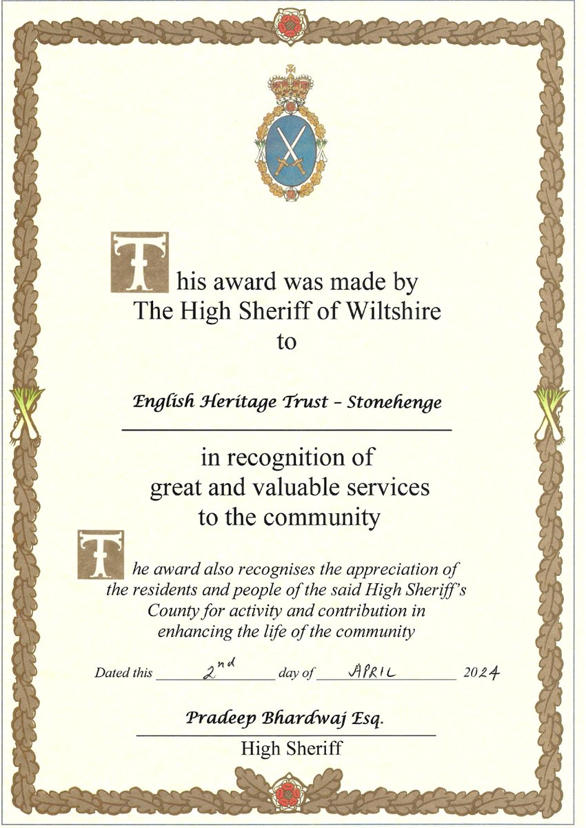 I am pleased to present the High Sheriff Award to @EH_Stonehenge @EnglishHeritage for the utmost professionalism & dedication with which the team at #Stonehenge organises Summer Solstice & Winter Solstice events which tens of thousands of people attend every year.