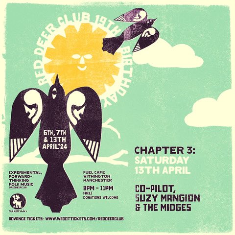 Playing live in Manchester, Saturday 13th April, at this birthday celebration of renowned folk club @reddeerclub along with @themidges__ & Co-Pilot. FREE ENTRY