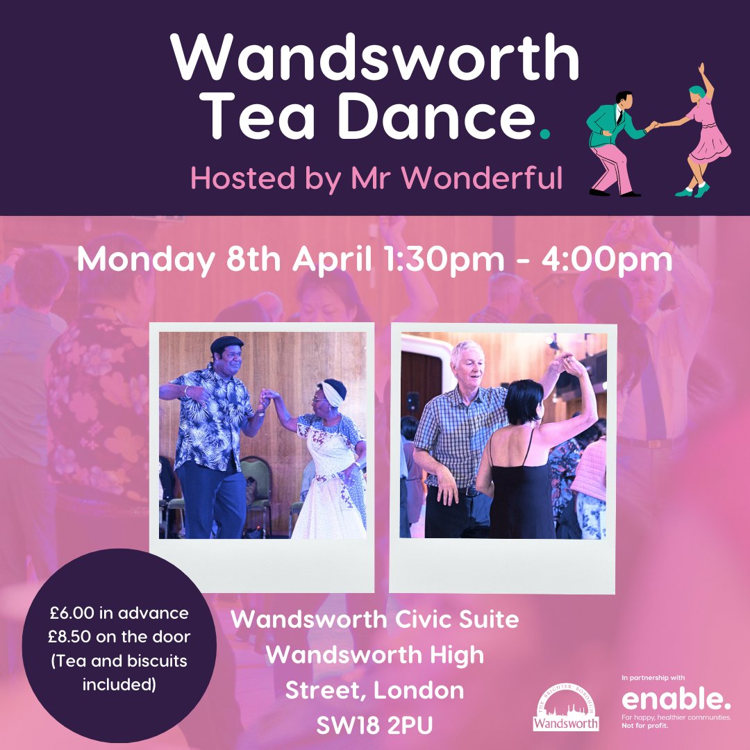 Join us for an afternoon of music and movement – a wonderfully fun way to get moving! Mr Wonderful has been keeping London fit and healthy hosting Social Ballroom & Latin dances for over 30 years! Visit Enable (simpletix.com) or search Wandsworth Tea Dance to book 🕺💃