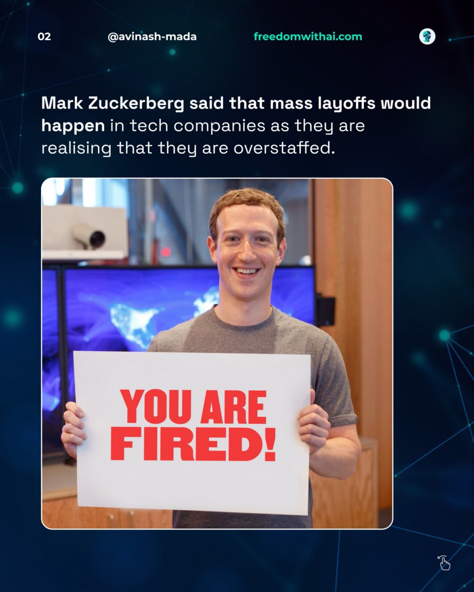 AvinashMada's tweet image. Big tech companies are firing people!

Mark Zuckerberg made a bold statement when he said that mass layoffs could happen in tech companies because of over-hiring!

What does this mean for all software developers out there?

#ai #MarkZuckerberg #devinai