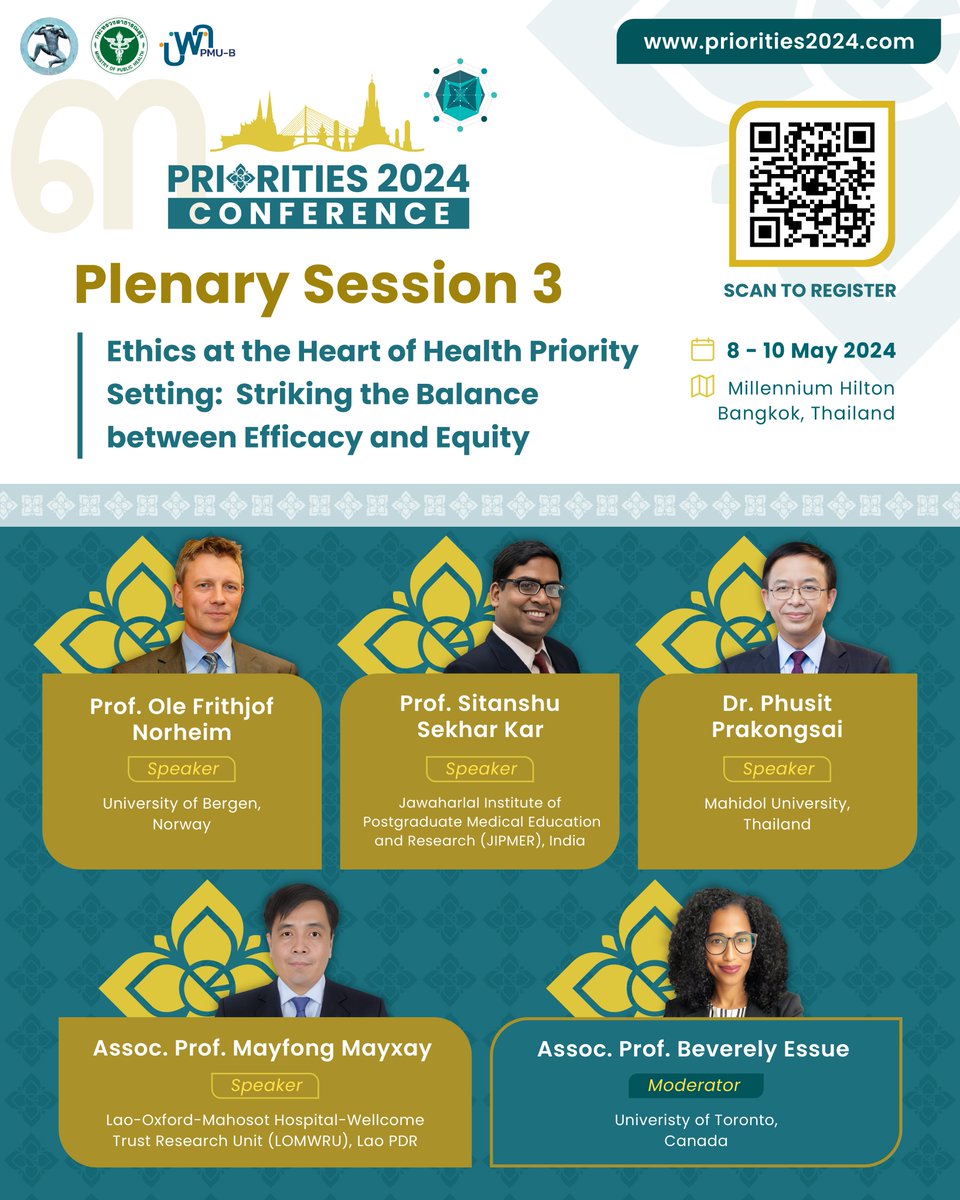 ✨Join us for Plenary Session 3 at the #PRIORITIES2024 Conference where we dive into the crucial topic of ethics in health priority setting. Learn how to strike the balance between efficacy and equity for better healthcare outcomes.🌍

#HITAP #HealthcareEthics #EquityinHealthcare