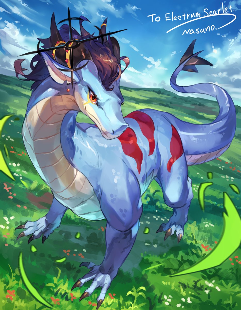 solo looking at viewer red eyes tail full body flower outdoors  illustration images