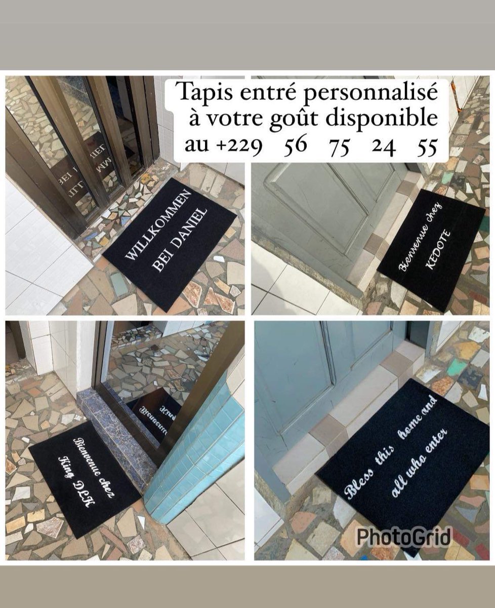 Coucou bien j’espère ..
Je confectionne des tapis entrés personnalisables.On peut y inscrit tout ce que l’on veut ,le tapis entré est léger et facile à dépoussiérer et la transcription durable .
Mon numéro c’est le 56752455 pour tout commande ..Allez bisous 😘