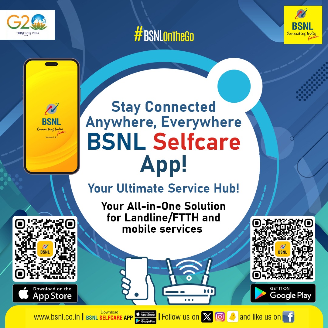 Stay Connected Anywhere, Everywhere: #BSNLSelfcareApp - Your Ultimate Service Hub! All-in-One Solution for Landline/FTTH and Mobile Services. Google Play: bit.ly/3H28Poa App Store: apple.co/3oya6xa #BSNLOnTheGo #BSNL #DownloadNow