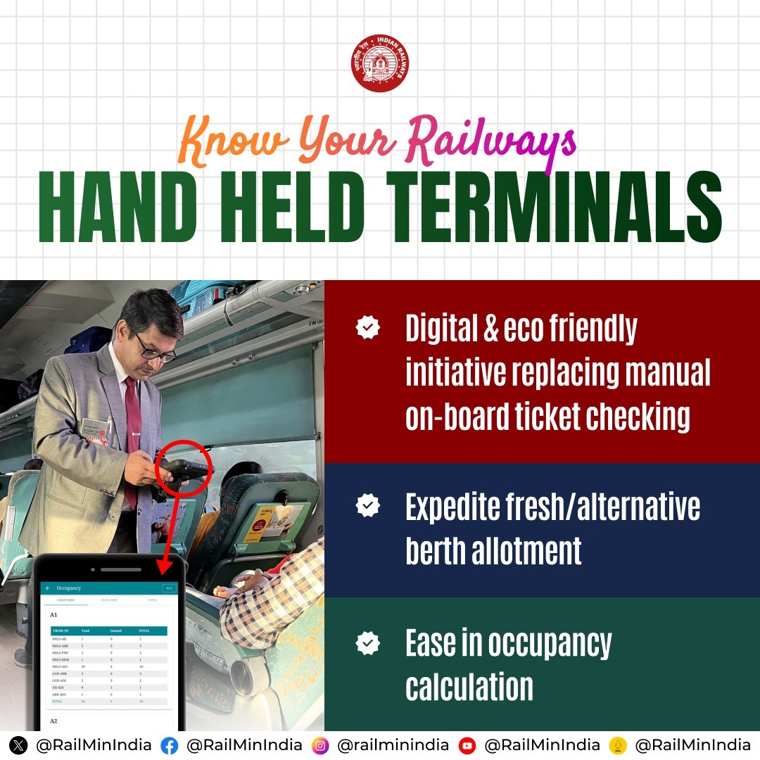 #KnowYourRailways 🤓 Hand Held Terminal makes on-board ticket 🎟️checking swift and paperless while expediting the berth allotment process, improving the overall passenger experience.