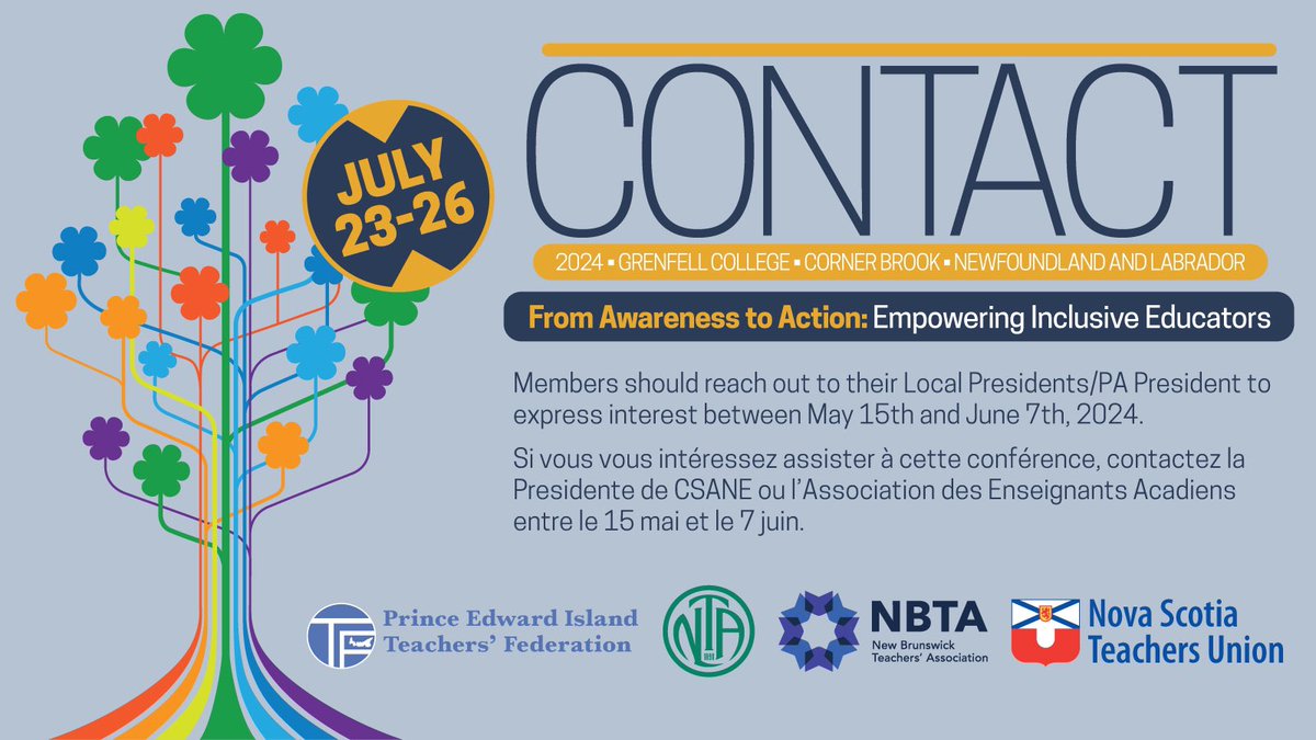 Our annual summer conference #CONTACT2024 is ready to roll in NL July 24-26 ☀️

Who can go?
- 1 member per Local (pd by Local)
- 9 Prof Assoc Reps (pd by PA)
- 5 open spaces (pd by delegate or Art 60)

Deadline May 31 
@NSTeachersUnion #NSTU