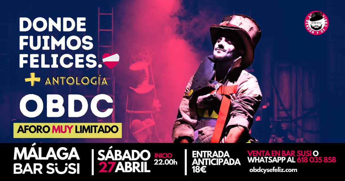 pakitosusi's tweet photo. Donde fuimos felices
➕ Antología OBDC.
Sábado 27 de Abril. 22h.
Tenemos el privilegio de anunciar que #BarSusi es el sitio elegido para el estreno de la Antología de @comparsaobdc en Málaga, junto al repertorio de " Donde fuimos felices".
Entradas/WhatsApp
📱618035858 https://t.co/99vH081lgC