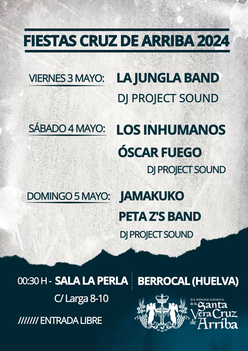 Este cartel nos espera del 3 al 5 de mayo en las Fiestas Cruz de Arriba - #Berrocal (#Huelva)!! 🤩🙌   

¿Y tú, te lo vas a perder?? 💥💥  ¡Te esperamos con <a href="/LaJunglaBand/">La Jungla Band</a>, <a href="/losinhumanos/">Los Inhumanos</a>, Óscar Fuego, Jamakuko y Peta Z's Band!! 

#Conciertos #MúsicaYMás #ConciertosHuelva #Fiestas