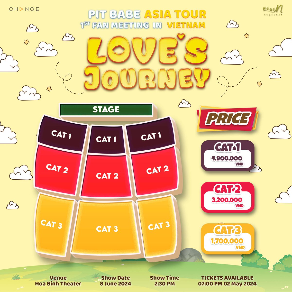 NJoin2023's tweet photo. Lớp chúng mình thì rất vui 
Nhưng Love’s Journey in Vietnam còn vui hơn nữa 

Let’s check seating map, benefits below🇻🇳 

🗓️ Date: 8 June, 2024
���Time: 2.30PM
📌Ticket available: 2 May, 2024 
🔍Ticket website: https://t.co/07n5gTYVFp

#PitBabe1stFMinVN
#CHANGE2561
#Njoin https://t.co/neWTFdDuHR