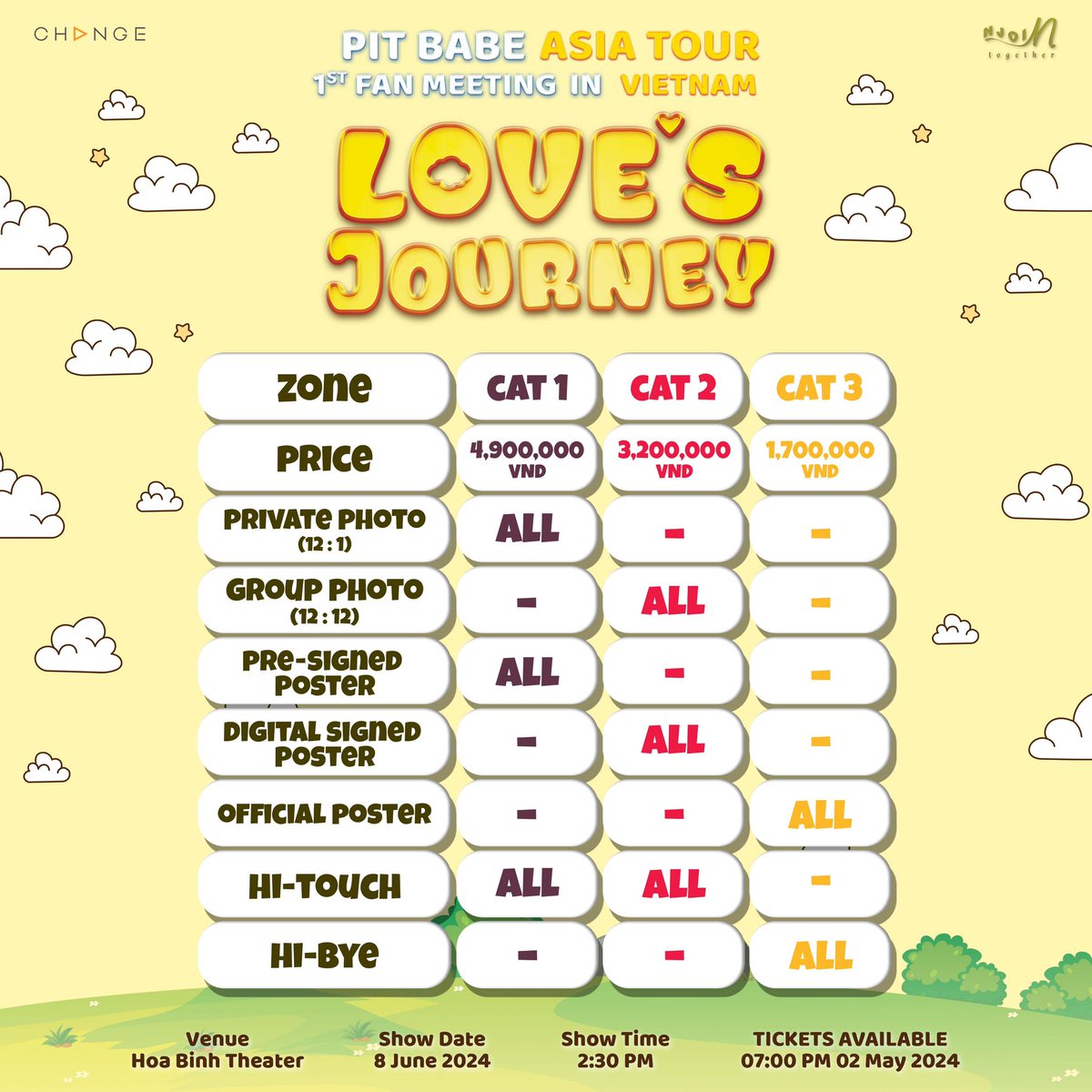 NJoin2023's tweet photo. Lớp chúng mình thì rất vui 
Nhưng Love’s Journey in Vietnam còn vui hơn nữa 

Let’s check seating map, benefits below🇻🇳 

🗓️ Date: 8 June, 2024
���Time: 2.30PM
📌Ticket available: 2 May, 2024 
🔍Ticket website: https://t.co/07n5gTYVFp

#PitBabe1stFMinVN
#CHANGE2561
#Njoin https://t.co/neWTFdDuHR