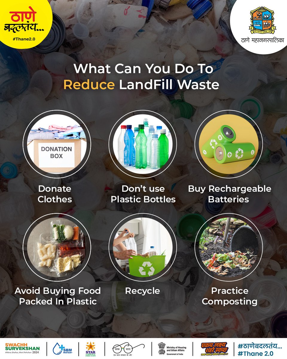 TMCaTweetAway's tweet photo. Mountains of waste choke our environment, also leads to difficulties in waste management at landfills. As responsible Thanekars, let's pioneer sustainable living, taking small steps to reduce waste accumulation on landfills. Swipe to see how you can help.
#ReduceLandfills https://t.co/bw1lk5TXhH