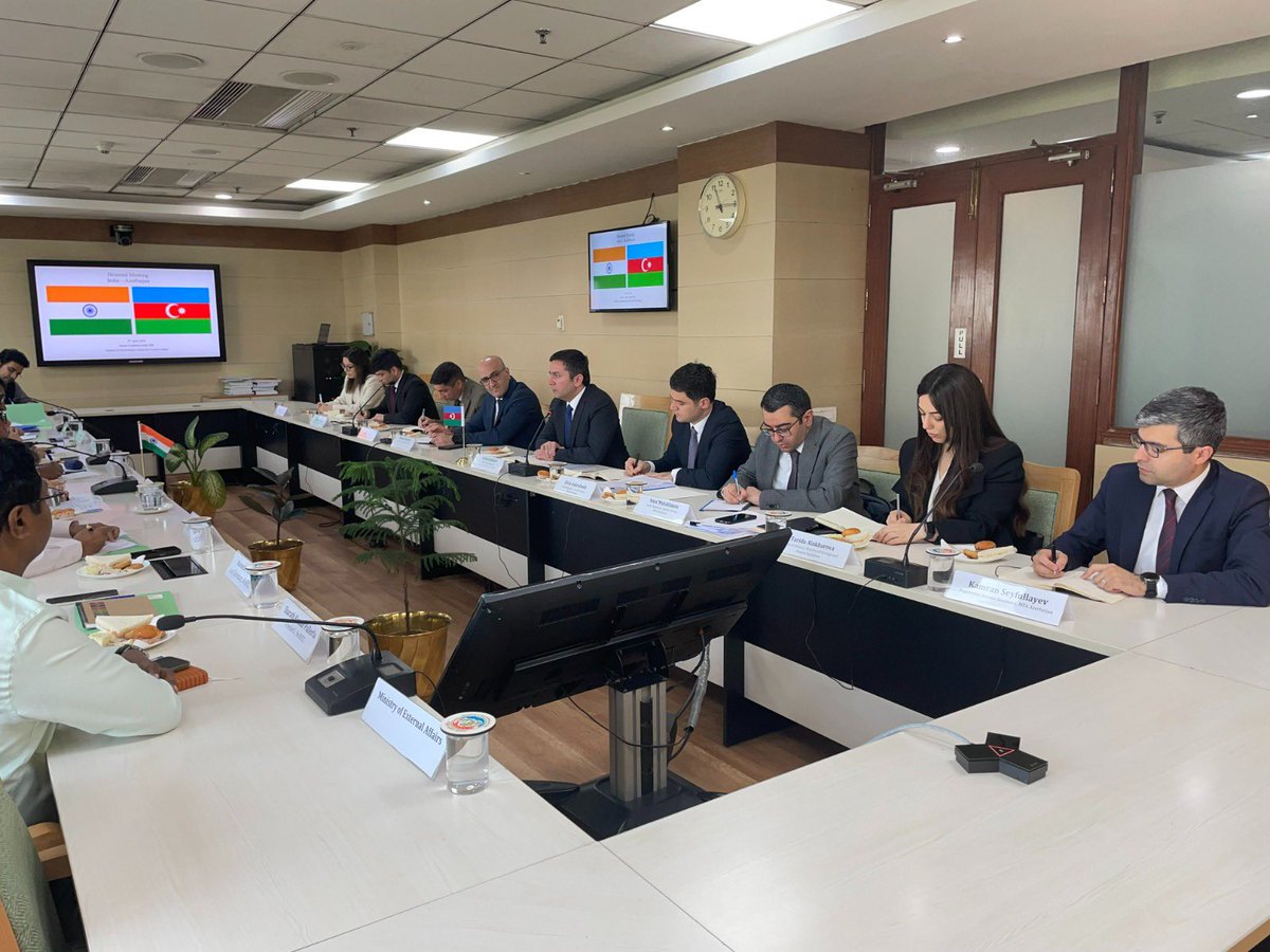 COP29_AZ's tweet photo. Today, members of Azerbaijan’s @COP29_AZ team headed by Chief Negotiator H.E. Mr. Yalchin Rafiyev @YalchinRafiyev met with H.E. Mrs. Leena Nandan, Secretary of the Ministry of Environment, Forestry and Climate
Change of India @moefcc and her team where the sides discussed a range issues and topics under the #UNFCCC in the run up to COP29 in Baku.