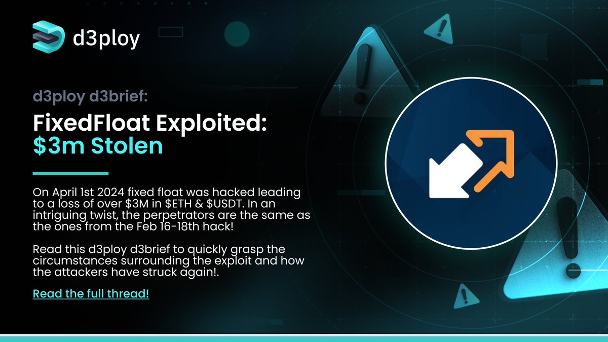 d3ploy_'s tweet photo. 🚨 NewsUpdate: On April 1st @FixedFloat faced another exploit, with over $3M in $ETH &amp; $USDT siphoned off to unknown wallets across the Ethereum &amp; Tron networks.

The attack occurred just days after their last post on March 31. More on this alarming repeat incident below.👇 https://t.co/EMiSZxzYr7
