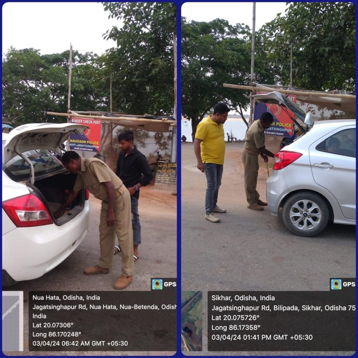 Checking by Naugaon police Station personnel at Sikharghat Border Check Post to ensure a safe and secure General Elections 2024. Dt.03.04.2024