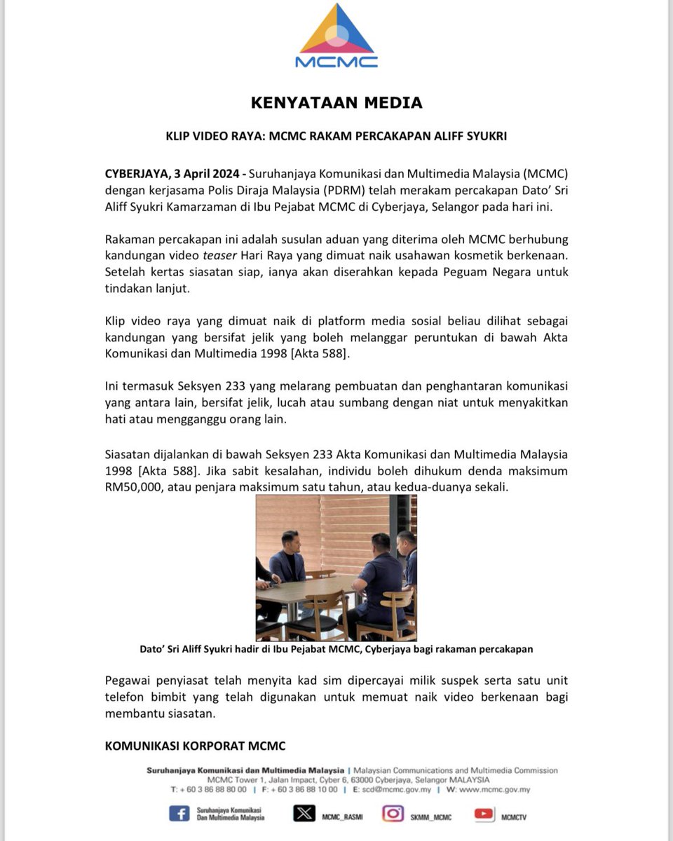 KENYATAAN MEDIA KLIP VIDEO RAYA: MCMC RAKAM PERCAKAPAN ALIFF SYUKRI #MCMC