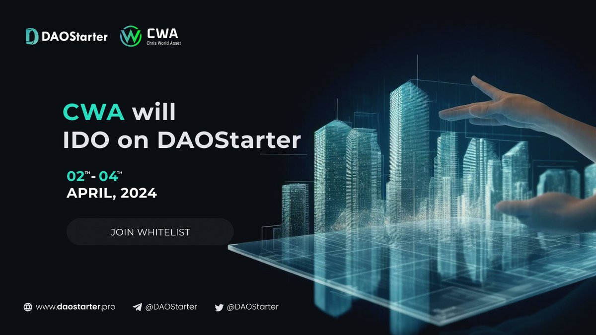 ⏰Get ready for the whitelist event of <a href="/ChrisWorldAsset/">ChrisWorldAsset</a> 

📡 #CWA public sale whitelist is live now!

✍️Go to apply:  daostarter.pro/#/saleDetail?p…

🧐Check medium tutorial : medium.com/@DAOStarter/ch…

👉No safeguard for #CWA sale.

#IDO #RWA