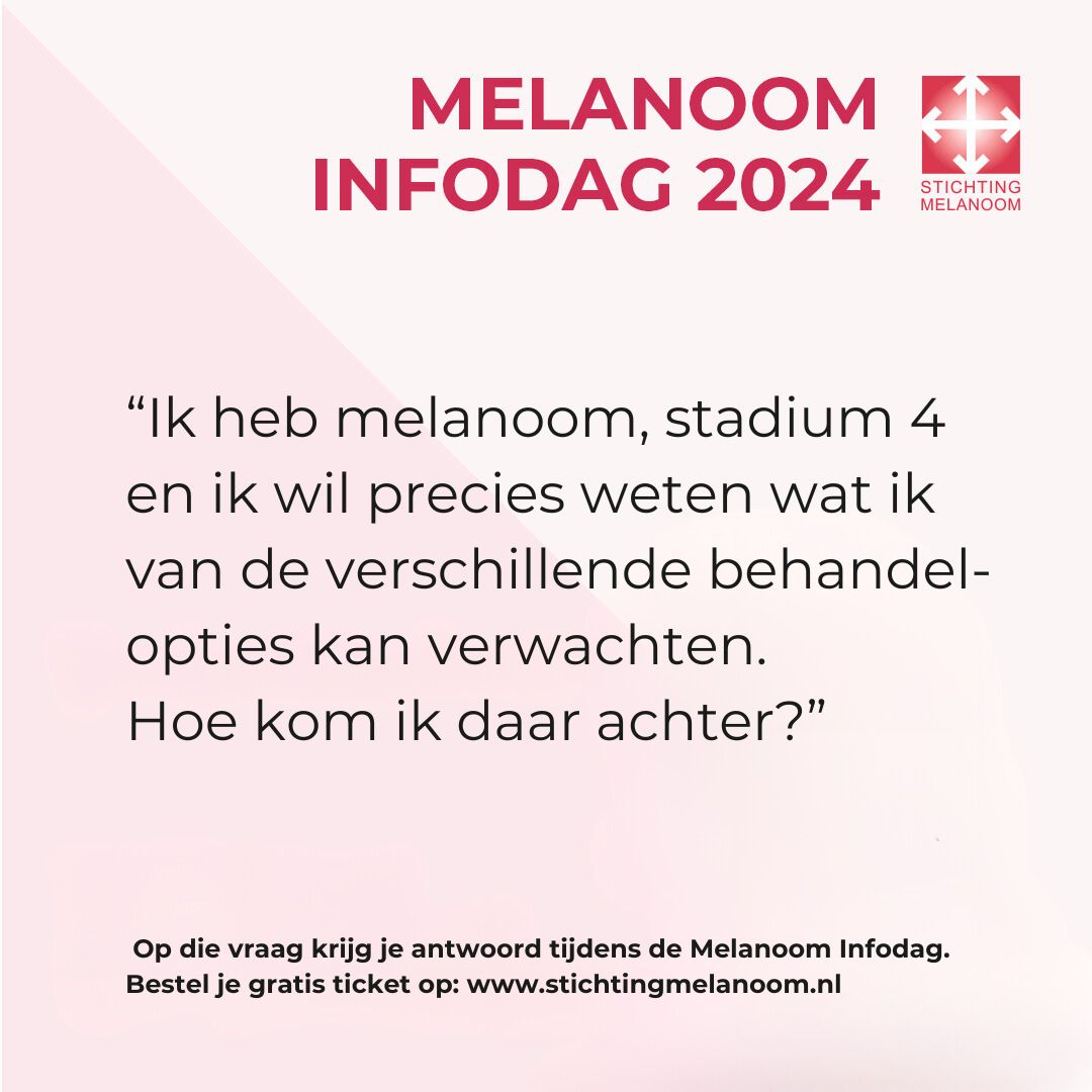 StMelanoom's tweet photo. “Ik heb #melanoom, stadium IV en ik wil precies weten wat ik van de verschillende behandelopties kan verwachten. Hoe kom ik daar achter?” Daar gaat dr. Hilde Jalving je alles over vertellen tijdens de #Melanoominfodag a.s. zaterdag 6 april. Tickets: https://t.co/D3Eeiwa6Ak https://t.co/RIsJk0LGVa