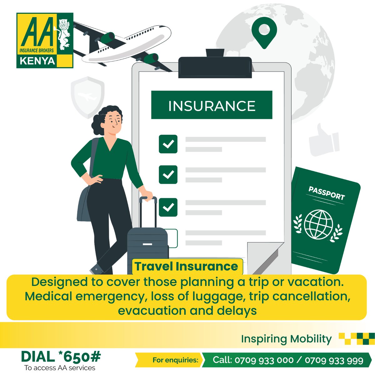 AA Insurance Brokers Travel Insurance cover is your passport to a worry-free journey. Whether it's medical emergencies, lost luggage, trip cancellations, evacuations, or delays we have got the protection you need. Request a free quote by calling us on 0720940636
#AAIBCares