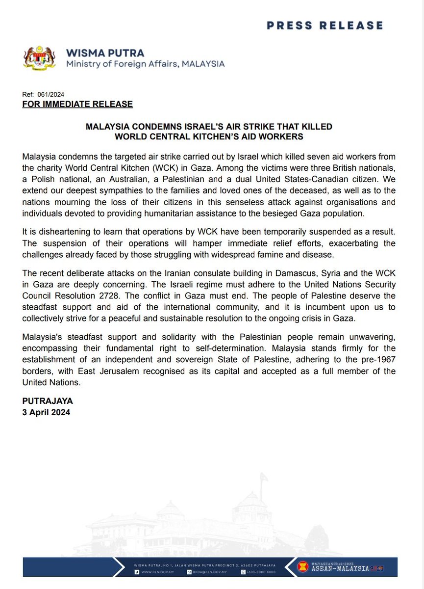 MalaysiaMFA's tweet image. PRESS RELEASE: MALAYSIA CONDEMNS ISRAEL'S AIR STRIKE THAT KILLEDWORLD CENTRAL KITCHEN’S AID WORKERS