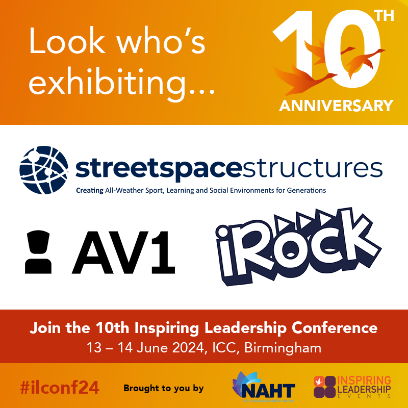 Look who’s exhibiting at the tenth Inspiring Leadership Conference, @av1_noisolation , @weareirock and @streetspaceUK.

Don't miss out, book now: bit.ly/3MVxXjA #schoolleaders #headteachers #education #leadership #ilconf24