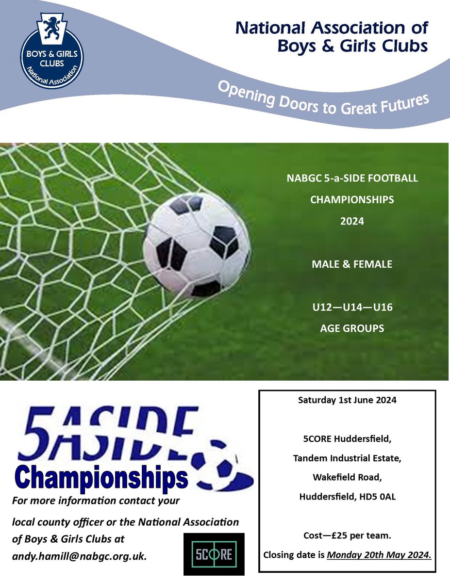 We are fast approaching June & our NABGC #5asideFootball Championships taking place Saturday 1st June at @5coreHud in #Huddersfield Entries are now open for clubs affiliated to NABGC member organisations More details & entry forms can be found at this link bit.ly/4amOU0a
