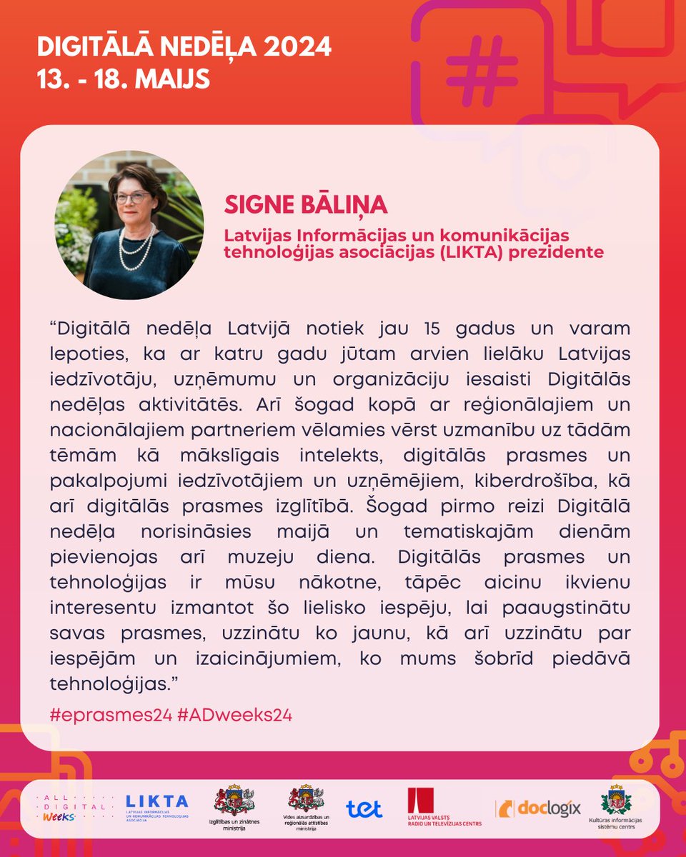 👉No 13. līdz 18. maijam <a href="/LIKTA_LV/">LIKTA</a>  aicina ikvienu piedalīties “Digitālā nedēļa 2024” aktivitātēs.
Plašāka informācija 👉likta.lv/jau-piecpadsmi…