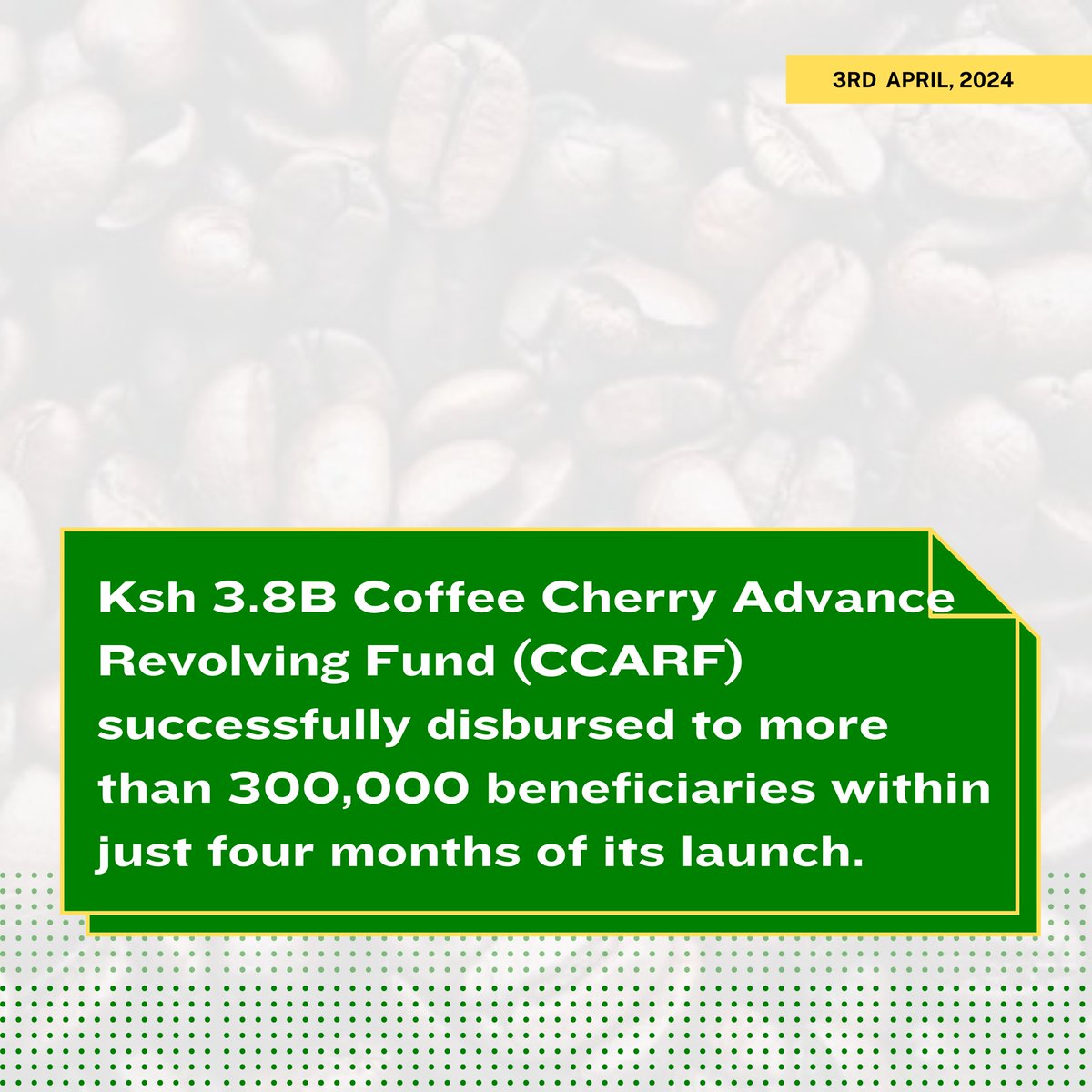Over 300,000 beneficiaries received Ksh 3.8B from the Coffee Cherry Advance Revolving Fund (CCARF).
#RutoEmpowers #KenyaNiSisi