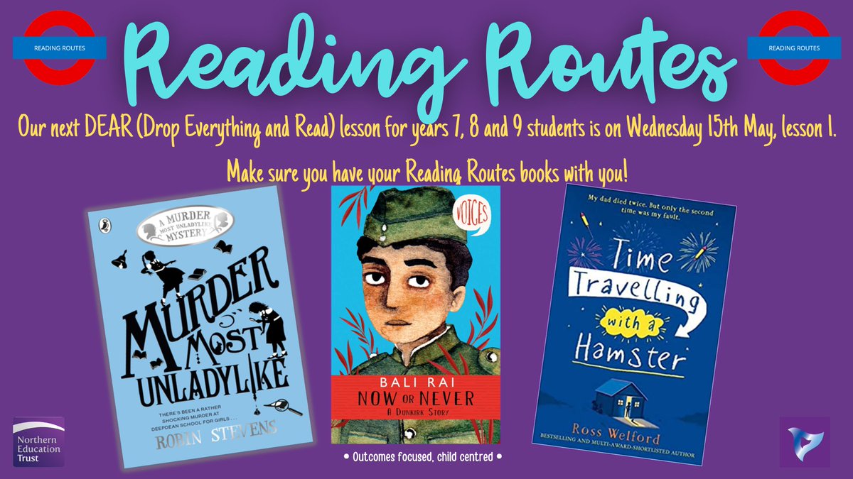 📚This week's  #ReadingRoutes DEAR lesson takes place on Wednesday, 15th May, p1.

Y7 - Murder Most Unladylike
Y8 - Now or Never
Y9 - Time Travelling with a Hamster

We can't wait to continue our reading journey! 📚

#readingforpleasure #dropeverythingandread #wearereaders