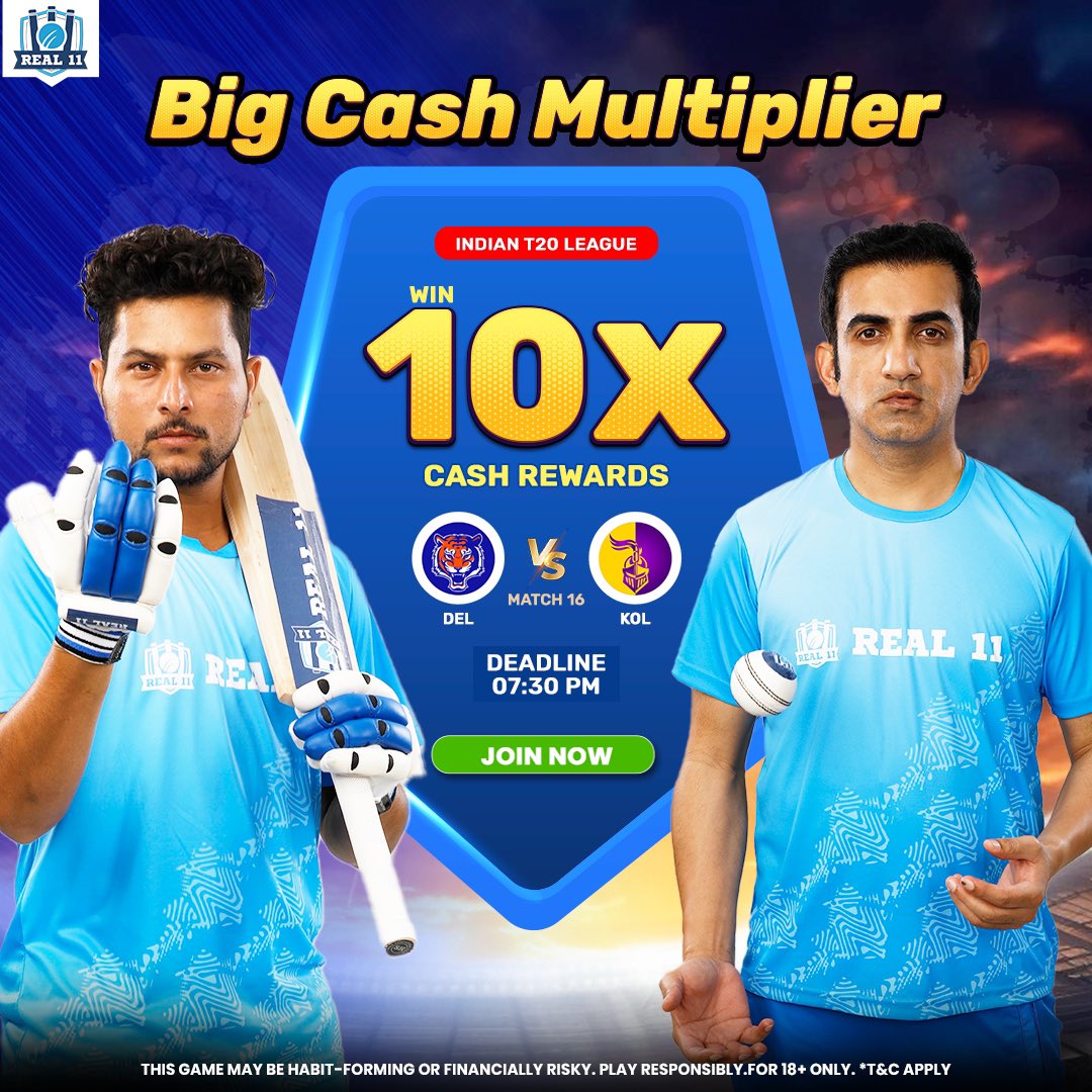 Enjoy match 16 of the Ind T20 League 2024 b/w DEL & KOL🏏 with @Real11official. Join the Big Cash Multiplier Contest, gather maximum fantasy points and win cash rewards worth 10X😍 Download Link - download.real11.com/d14u/Gambhir Signup Code- GAMBHIR & Claim FREE ₹100