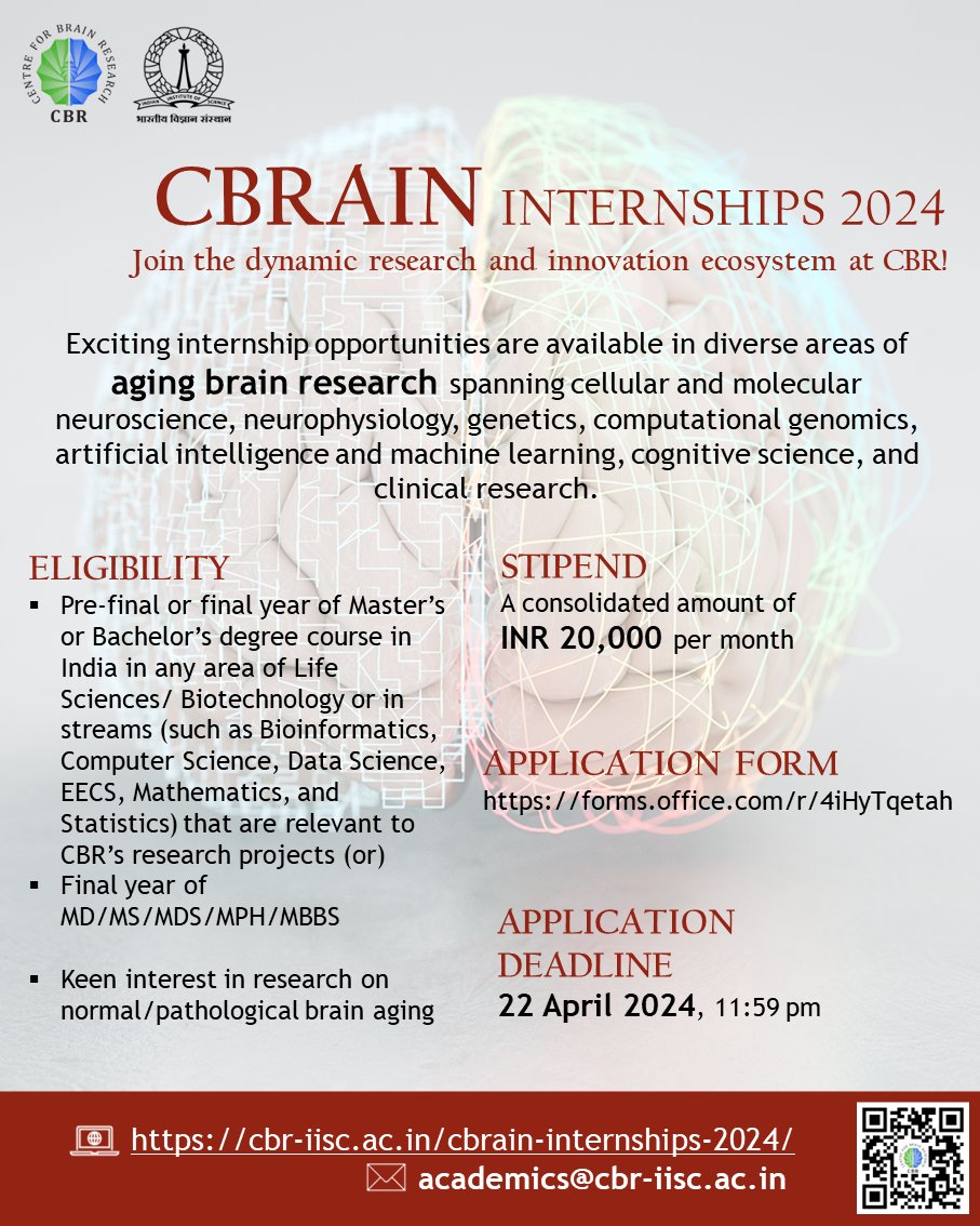 Centre for Brain Research, IISc (@cbr_iisc) on Twitter photo 🎊#CBRAIN #Internships
📢We invite enthusiastic young minds to join us in exploring the complexities of the #aging #brain, make notable contributions to compelling research projects, and expand their networks!
🗓️Apply by 22 April 2024
🔗cbr-iisc.ac.in/cbrain-interns…
<a href="/iiscbangalore/">IISc Bangalore</a> 🎊#CBRAIN #Internships
📢We invite enthusiastic young minds to join us in exploring the complexities of the #aging #brain, make notable contributions to compelling research projects, and expand their networks!
🗓️Apply by 22 April 2024
🔗cbr-iisc.ac.in/cbrain-interns…
<a href="/iiscbangalore/">IISc Bangalore</a>