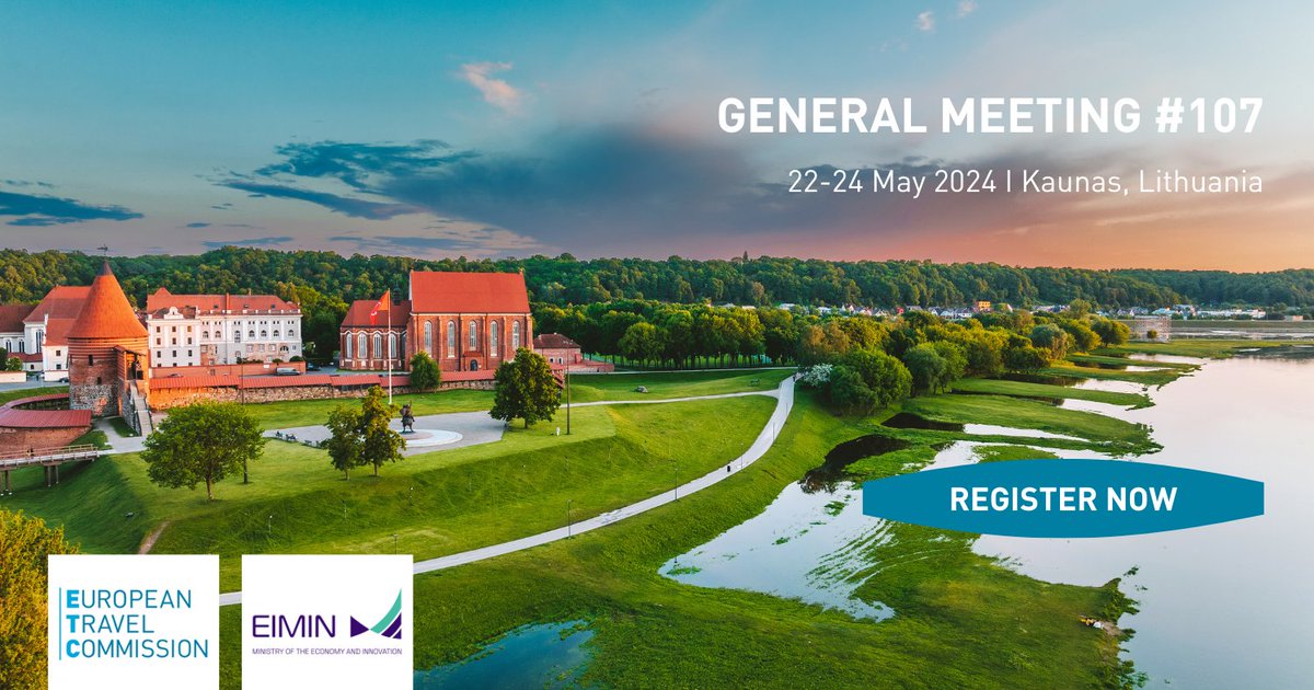 📢 Register now! Our General Meeting #107 will take place on 22-24 May in Kaunas, kindly hosted by #EIMIN Lithuania 🇱🇹 Join other ETC members for discussions on the state of Europe's #travel and expert sessions on #tourism #crisis management. More at 👉 bit.ly/3xmfnw4