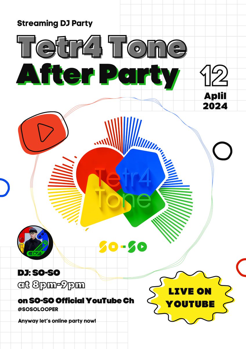 so_so_sound's tweet photo. 🔴🔵Announcement🟡🟢

Streaming DJ Party
"Tetr4 Tone After Party"
on SO-SO Official YouTube Channel

2024.4.12.(Fri) 20:00~21:00

YouTubeで配信ライブやります！
Tetr4 Toneの曲が中心のDJ Setです！

ぜひ遊びに来てね👍

https://t.co/g4bQtUTpqw https://t.co/kIGx7e2dkt
