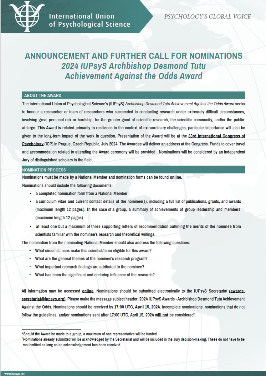 IUPsyS is pleased to announce a further Call for the 2024 IUPsyS Archbishop Desmond Tutu Achievement Against the Odds Award. Final nominations must be received by April 15, 2024: iupsys.net/about/awards/a…