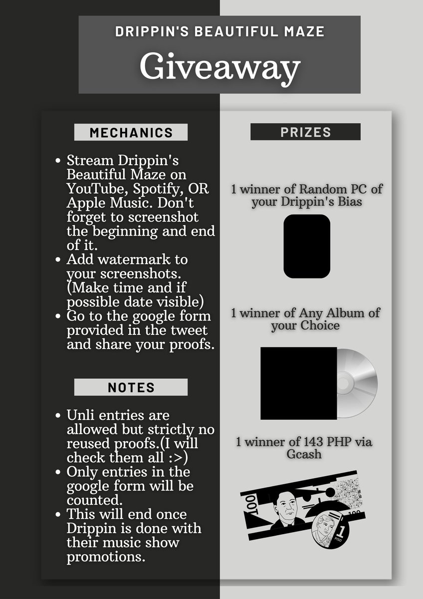 MsChu_14's tweet photo. -- #GiveChuWays - All Filo can join this giveaway ( ◜‿◝ )

🖤 1 winner of Random PC of your Drippin's Bias
🖤 1 winner of Any Album of your Choice
🖤 1 winner of 143 PHP via Gcash

> Check the picture for full mechanics

🔗 https://t.co/BNV60qEooQ

Good Luck Everyone ! https://t.co/CA2sB5JaBT
