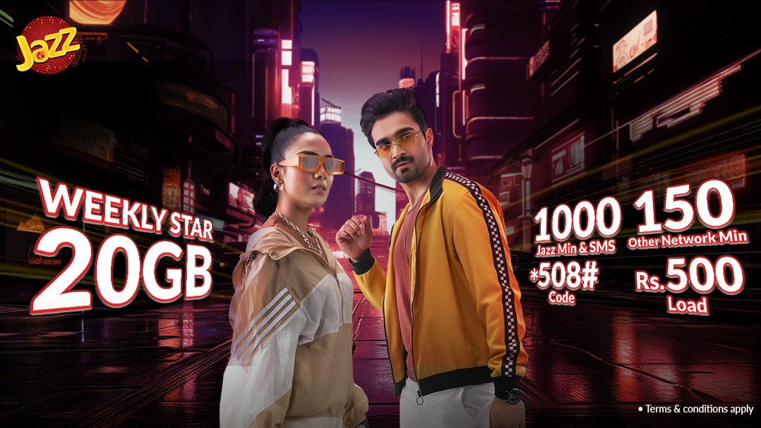 JazzSeHackTouMilega! Abhi Weekly Star offer lagao aur Rs. 500 (Load) mein 20GB Super 4G aur Minutes ke mazay urao. Code *508# se subscription pao. #WeeklyStar